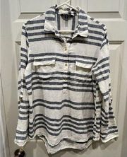Ellen Tracy Button Popover Blouse Womens  100% Linen Blue White Striped Large