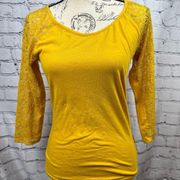 Ambiance Apparel Blouse with 3/4 Lace Sleeves - Yellow/Mustard - size L