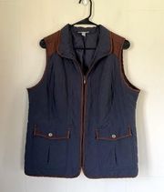 Dressbarn quilted vest navy blue brown trim pockets zip up women’s size 1X