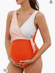 Maternity Swimsuit One Piece Tie Front Bathing Suit V Neck Pregnancy Swimwear High Cut