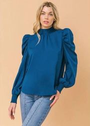 NWT Jealous Tomato Long Puff Sleeve Back Tie Top Blouse Blue Women's Size Large