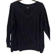 JASON WU Sweater Womens 2X Black V-Neck Cable Knit Pullover Relaxed Cotton