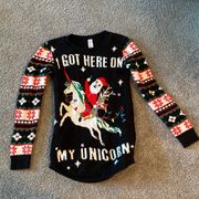 Christmas sweater size small I got here on my unicorn