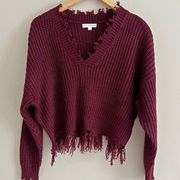 COCO + JAIMESON burgundy distressed fringe v-neck cropped sweater
