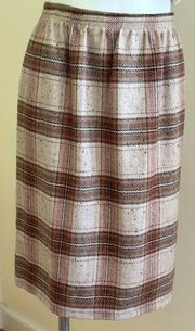 Cream Brown Plaid Midi Skirt SZ L Elastic Waist Wool Blend