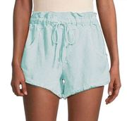 Young Fabulous Broke Izzy Raw Edge Linen Blend Paperbag Shorts Aqua Blue Size L