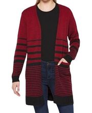 New  Striped Open Front Long Cardigan Red Black Size Small