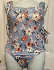 Hurley Plus Size 1X One Piece Swimsuit Blue Floral Cut Out  Back & Side Tie NWT