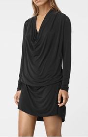 Allsaints Amei Black Long Sleeve Drape Tie Dress Small