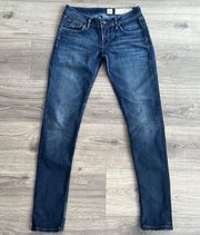 ALLSAINTS Spitalfields Low Rise Skinny Jeans Dark Blue Wash Distressed Womens 26