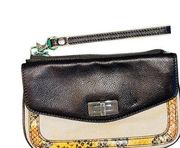 BCBG Max Azria canvas and yellow snakeskin print wristlet