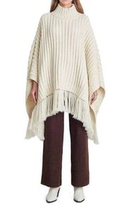 ELEVEN SIX Hanni Fringe Rib Wool Poncho in Ivory Size OS