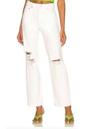 Lovers + Friends Ryan High Rise Straight Jean White SIZE 31 Rigid Busted Knee