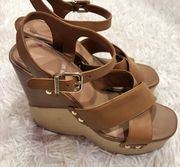 Maroer Leather Wood Double Banded Wedges Brown 8.5