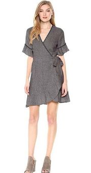 Heather Gray Blanket Stitch Linen Blend Ruffle Wrap Mini Dress