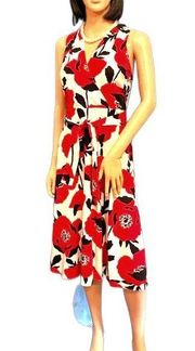 LONDON TIMES Black Red on White Floral Print V-Neck Sleeveless Midi Dress sz10