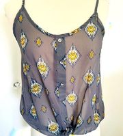 B•JEWEL SHEER GREY TIE KNOT SLEEVELESS BLOUSE