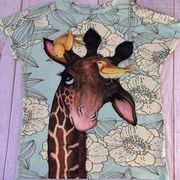 Miss Look Giraffe with Birds Light Blue Floral Whimsical T-Shirt Plus Size 3X