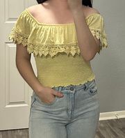 Yellow Lace Trim Off the Shoulder Crop Top Size Medium