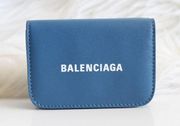 Balenciaga Blue & White Leather Logo Everyday Trifold Mini Compact Wallet