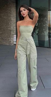 jumpsuit technical fabric cargo sleeveless wide streight leg light khaki