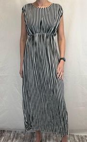 Splash Women's Sleeveless Black White Striped Long Maxi Dress Slit 12 Crewneck