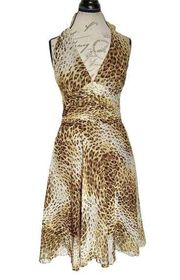 Dress Sz 11 Sz 12 Leopard Animal Halter Brown Ruched Fit & Flared