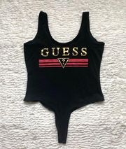 Sexy Tank Top Fitted Stretchy Bodysuit Sz L Black Red & Gold Logo Y2K 90s