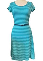 Limited Stripe Tee Dress Size XS Turquoise Blue Black Navy Belt Fit & Flare Short Sleeve