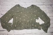 NEW Arizona Jean Co Jrs Size XL Green Floral Print Blouse With Ruffle Detail