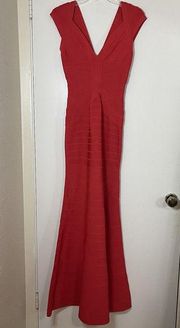 NWOT Herve Leger Leslie Coral Poppy plunge vneck bodycon bandage maxi gown Small