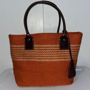 GAP Woven Jute & Leather Handles Tote BEACH BAG Purse Palm Orange Tan Brown