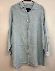 Tahari Blue 100% Linen Button Down Shirt Dress/Tunic Blouse Size M