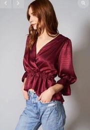 Hutch Merlot Red Sheen Snakeskin Satin Peplum Blouse 1X Holiday