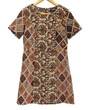 Tapestry Mini Dress Short‎ Sleeves Mod Short Contrasting Prints Brown Small