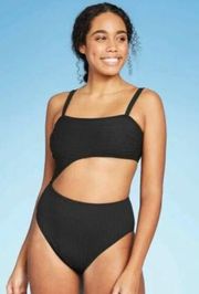 Women’s Black Ribbed High Rise One Piece Cut Out Swimsuit