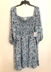 NEW Blue/Pink Floral Puff Sleeve 1X Smocked dress