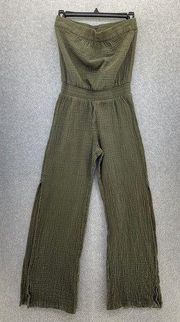 DREW Women's Jumpsuit Pants Strapless Crinkle Wide Leg Olive Green XS Side Slit