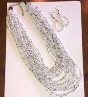 Multi Strand White & Silver Seed Bead Beaded  Statement Necklace & Earrings