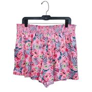 2X Floral Pink Floral Wide Waist Band Shorts