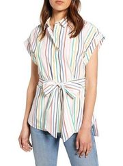 J. Crew Rainbow Ministripe Button Front Tie Waist Cotton Poplin Top Size XS NWT