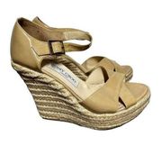 Jimmy Choo Porto Espadrille Wedge Sandals Patent Crisscross Straps Tan 36.5 6