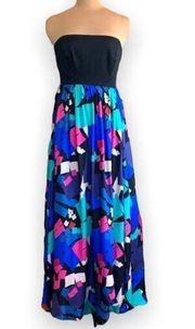 Shoshanna Midnight Dress Long Silk Jewel Tone Geometric Printed Strapless Prom