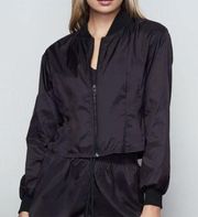 Good American Womens L Pleated Satin Bomber Jacket Black Sheer Streetwear NWT