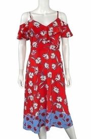 Roz & Ali Red White Blue Floral MIDI Dress Size S