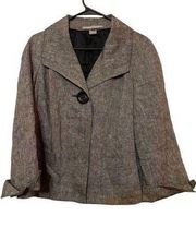 Ellen Tracy Linen Blazer size 12 One Button Grey Cardigan Jacket