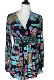 ECI Womens Beaded Blouse Size M Floral Pattern Belted Long Sleeve Top Flowy