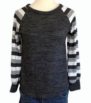 Gray Top with Gray & White Striped Long Sleeves •Size Medium