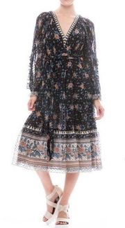 Ulla Johnson Romilly Floral Noir Silk Blend Midi Dress Size 0 Preowned NO BELT