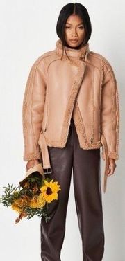 Missguided Premium Brown Tan Borg Teddy Faux Leather Belted Aviator Jacket 14 XL